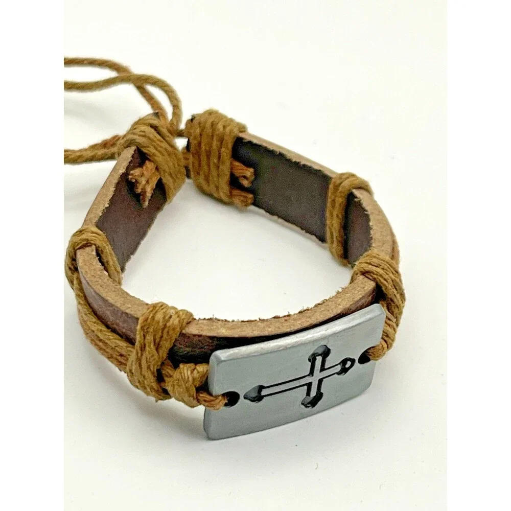 Lot of 2 Faux Leather Cross Adjustable Bracelet Set Dark Brown & Light Brown